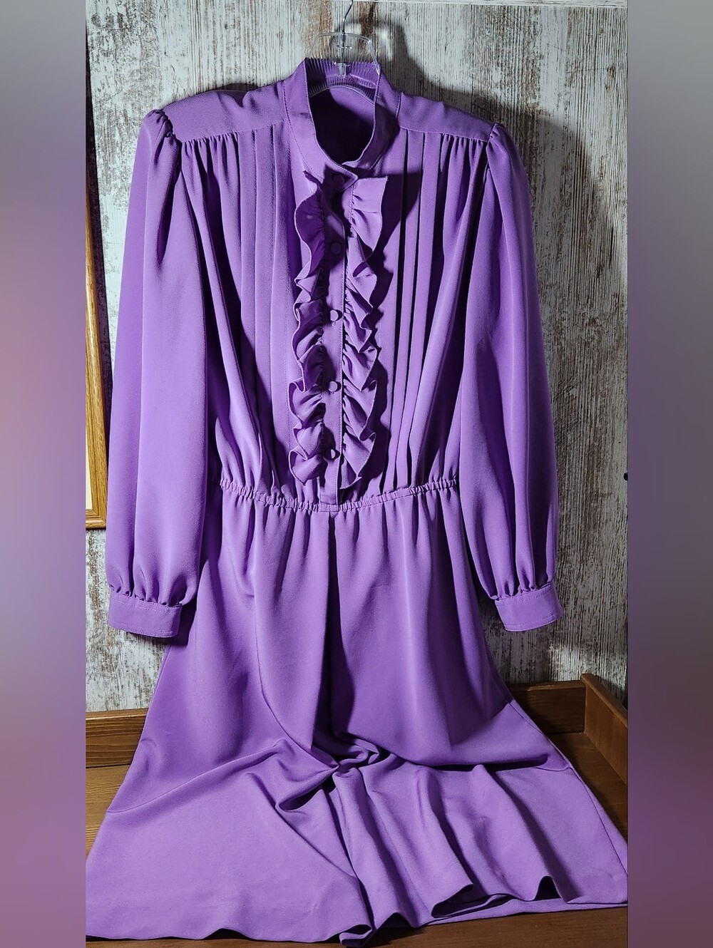 Vintage 80s Purple Lavender Ruffled Bib Midi Dress Edwardian Secretary Prairie